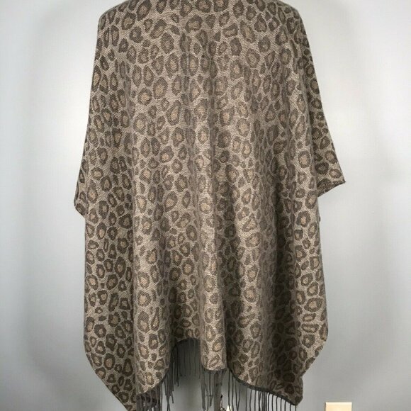 Woolrich Leopard Print Fringe Poncho Wrap One Size Polyester & Viscose Brown/Gra - Picture 6 of 8